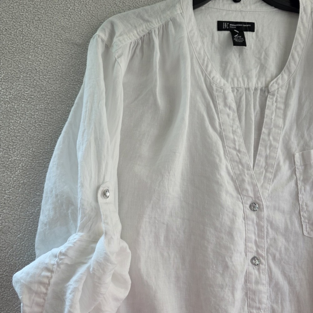INC Linen Blouse 22W White 3/4 Sleeve Roll Tab Lightweight Top - Picture 13 of 16